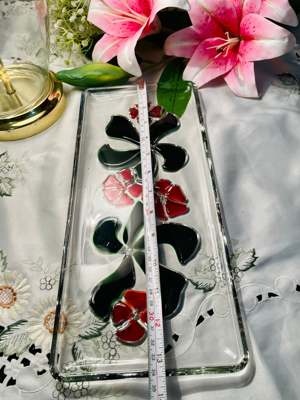 Clear Crystal Floral Serving Tray with Coloured Accents 13 in