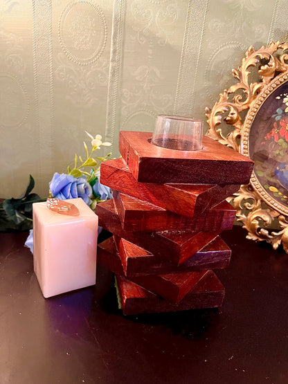 Stacked Wooden Taper Candle Holder with Glass Insert