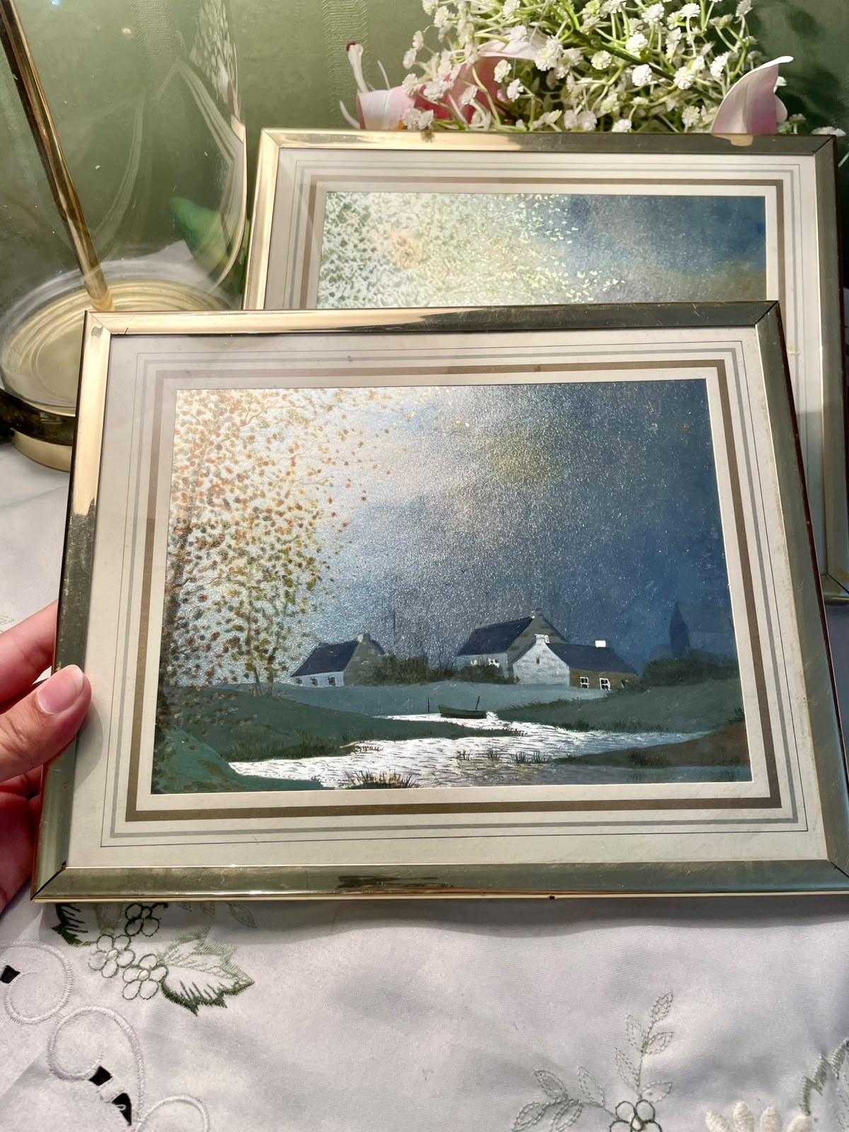 RARE FIND coordinated coastal landscape paintings depicting serene, rustic seaside villages Cottage Pair 10"