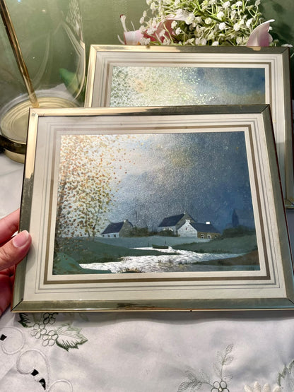 RARE FIND coordinated coastal landscape paintings depicting serene, rustic seaside villages Cottage Pair 10"