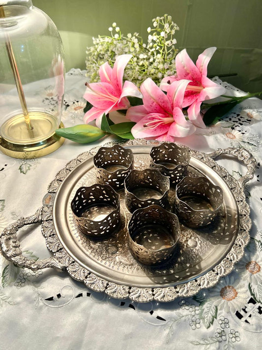 Vintage Silver-Tone Ornate Serving Tray with 6 Holders – 16