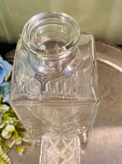 Vintage Cut Crystal Square Decanter 24 cm Geometric Stopper