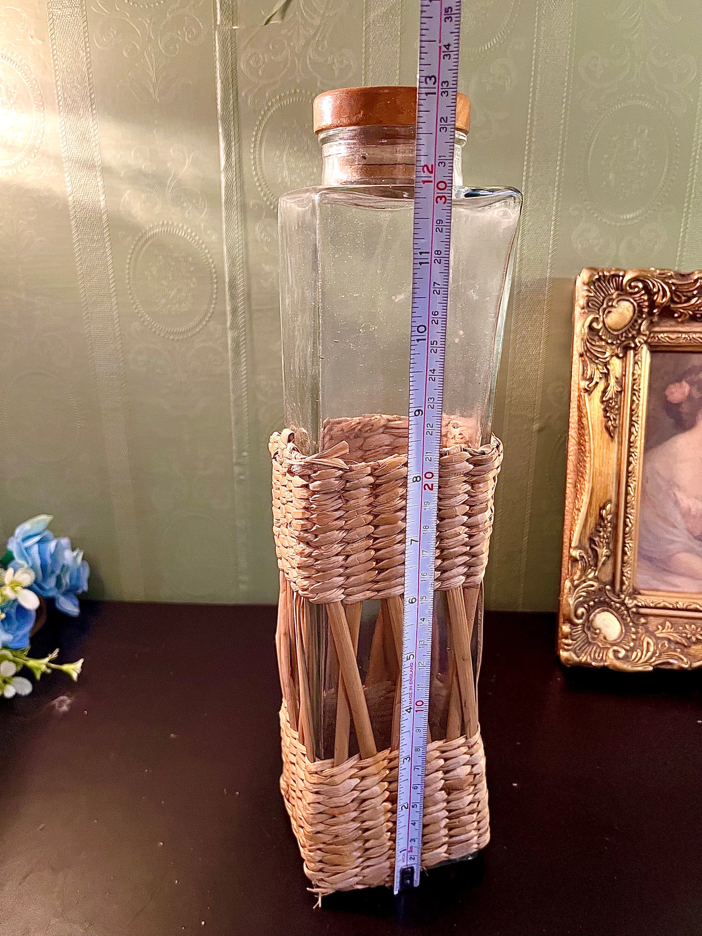 Glass Bottle with Wicker Wrap 13 Inch