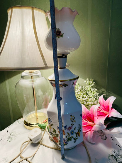 RARE FIND AYNSLEY Cottage Garden Floral Ceramic Table Lamp with White Crystal Shade 47 cm