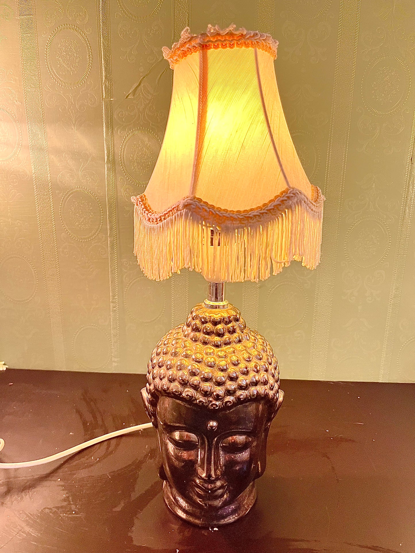 Buddha Head Table Lamp with Fringe Shade