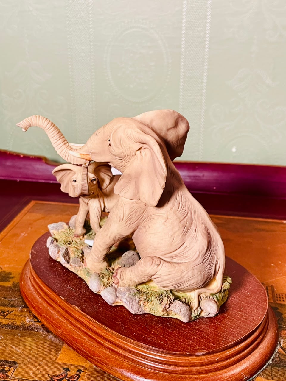 Vintage Elephant Family Figurine on Wooden Base 6 Inch