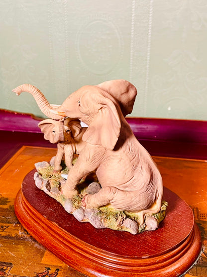 Vintage Elephant Family Figurine on Wooden Base 6 Inch