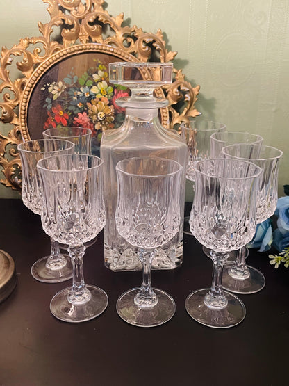 Vintage Crystal Decanter Set with 8 Stem Glasses
