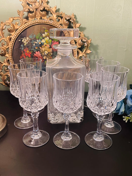 Vintage Crystal Decanter Set with 8 Stem Glasses