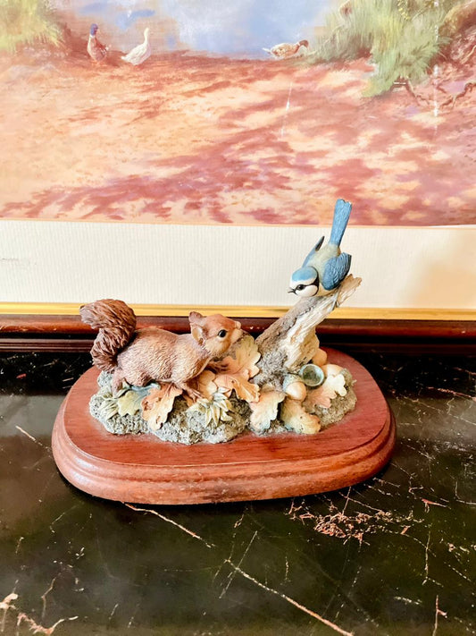 border fine arts figurine, handmade in scotland, vintage wildlife sculpture, rare squirrel figurine, blue tit bird ornament, collectible animal figurine, vintage border fine arts 1991, woodland animals decor, squirrel and bird sculpture, rare thrift finds, european vintage collectibles, heritage decor pieces