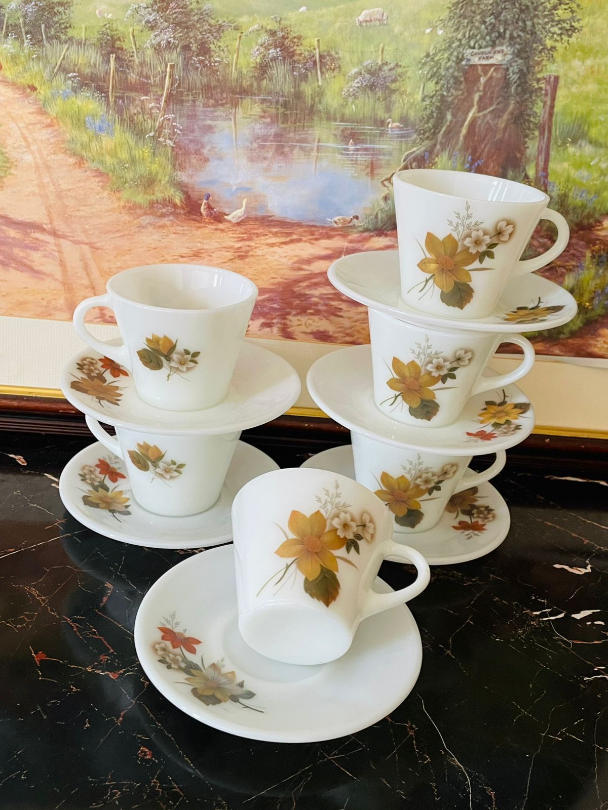 Vintage Floral Tea Cup & Saucer Set of 6 – Autumn Blossom Design (England)