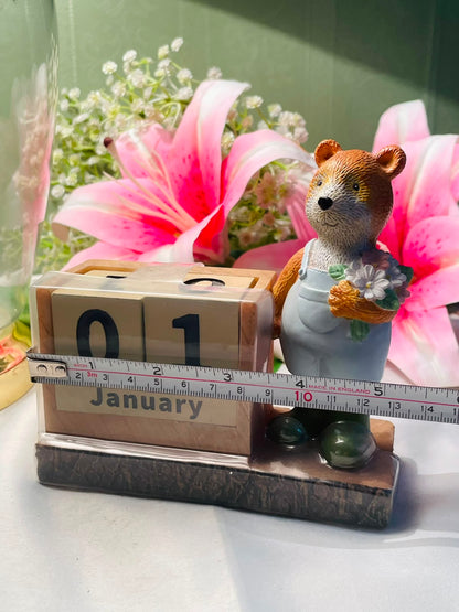 Bear Figurine Perpetual Wooden Block Calendar with Flowers Approx. 13 cm