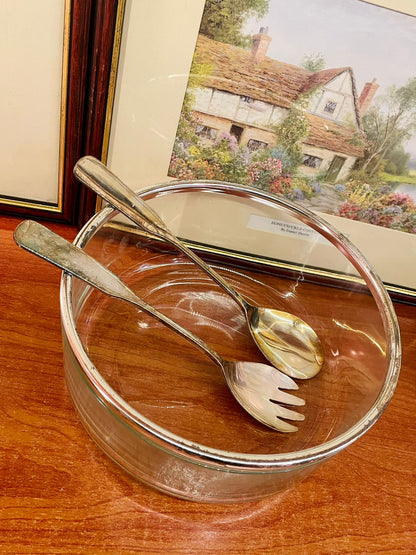 Glass Salad Bowl with Chrome Rim & Silver Plated Servers – 20cm Clear Serving Bowl