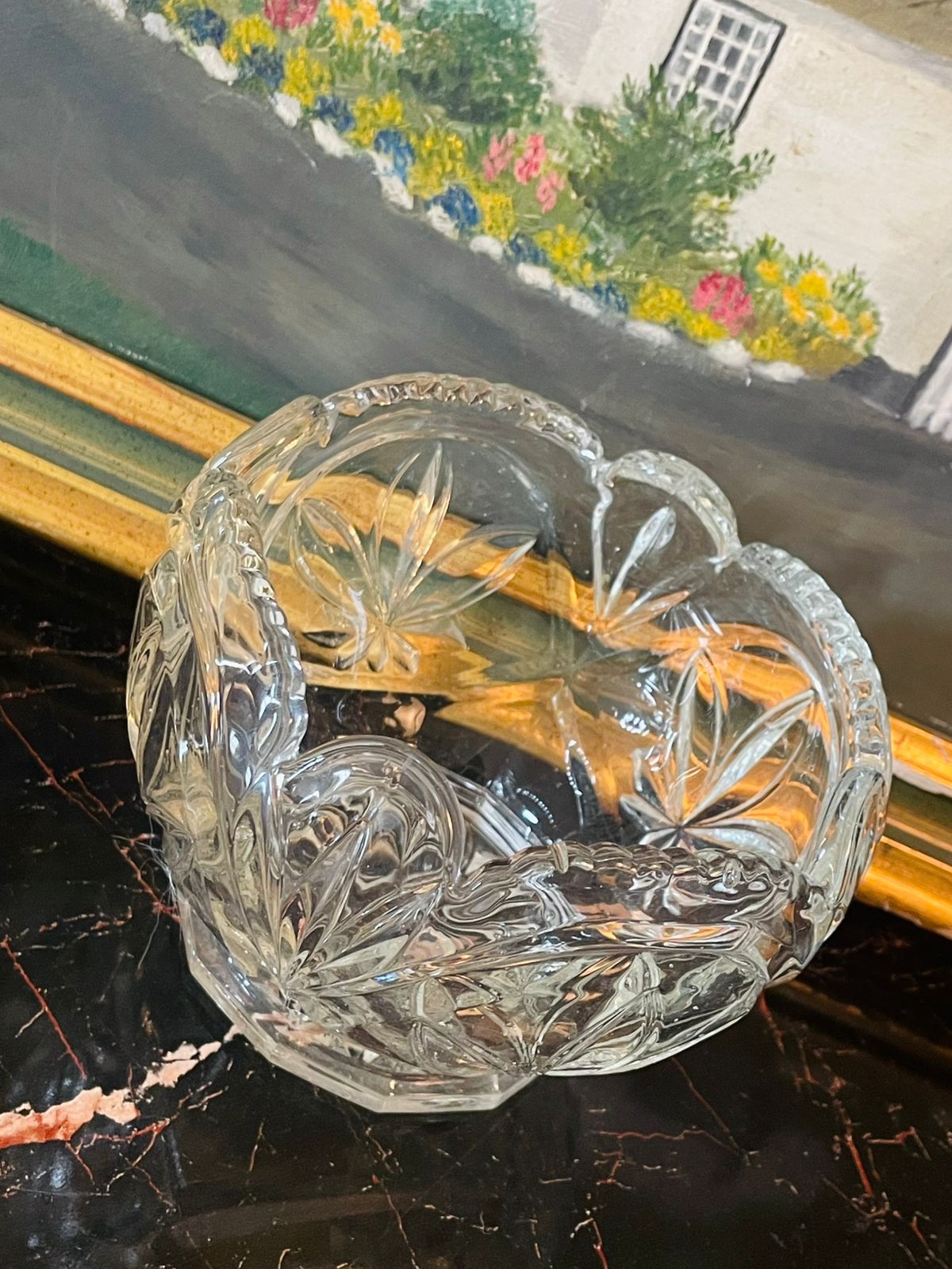 Vintage Cut Crystal Candy Dish / Bowl – Starburst Leaf Pattern