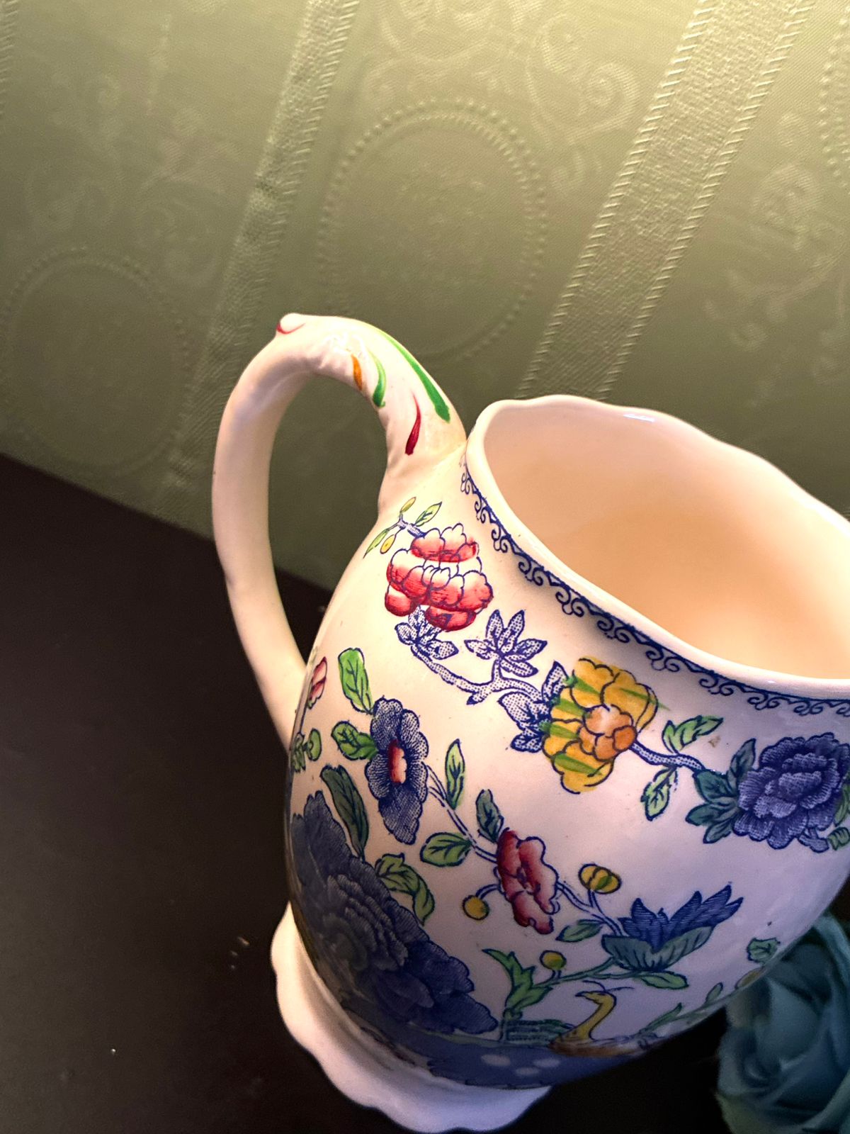Vintage Chinoiserie Floral Jug Blue Ceramic Pitcher
