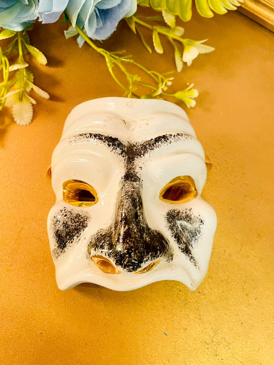 Vintage Ceramic Theatre Mask – White Black Gold Wall Decor