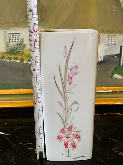 Vintage English Porcelain Wall Vase – Pastel Blue & Pink Floral, 8 Inch