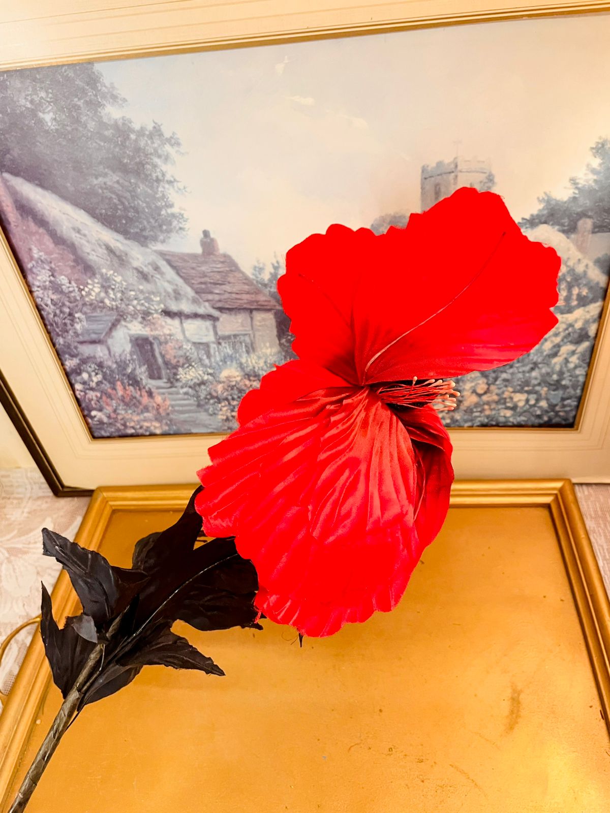 Vintage Red Faux Poppy Stem 28"