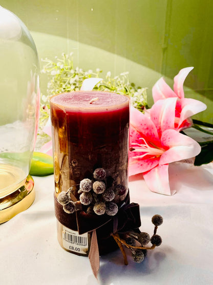 Burgundy Red Pillar Scented Candle with Decorative Berries 15cm