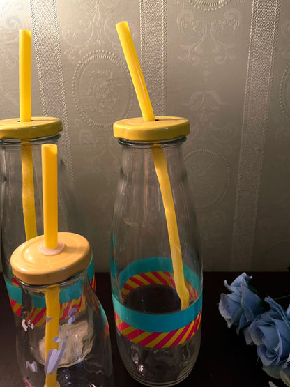 Set of 3 Glass Drinking Bottles with Straws – Reusable Milk Bottle Tumblers