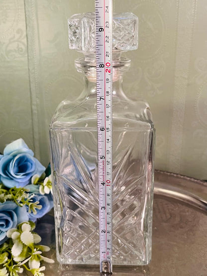 Vintage Cut Crystal Square Decanter 24 cm Geometric Stopper
