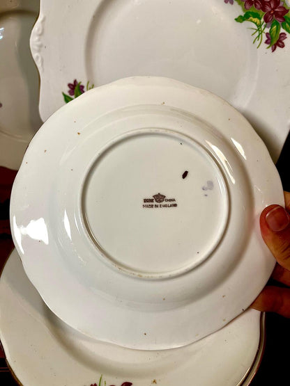 Fine Bone China Violet Floral Cake Set (Plater + Plates) | Made in England