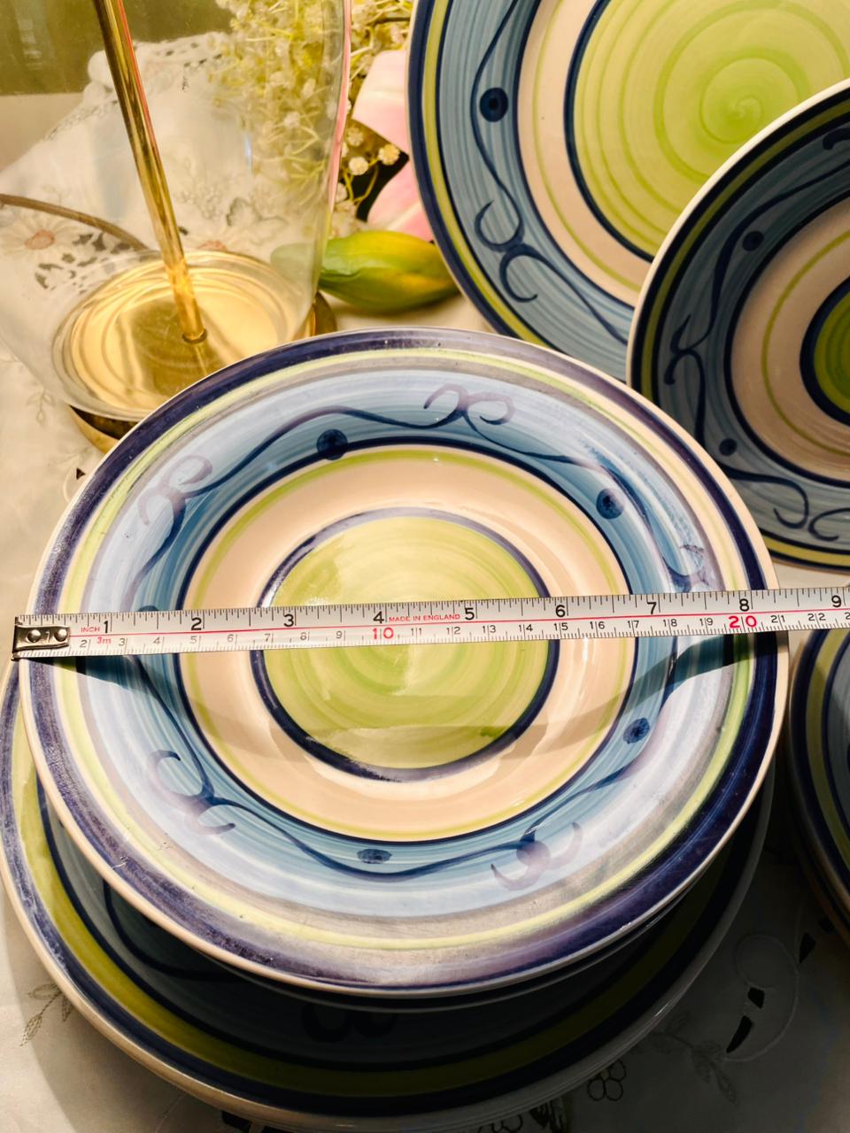 Hand-Painted Blue & Green Ceramic Plates Set, 12 Pieces