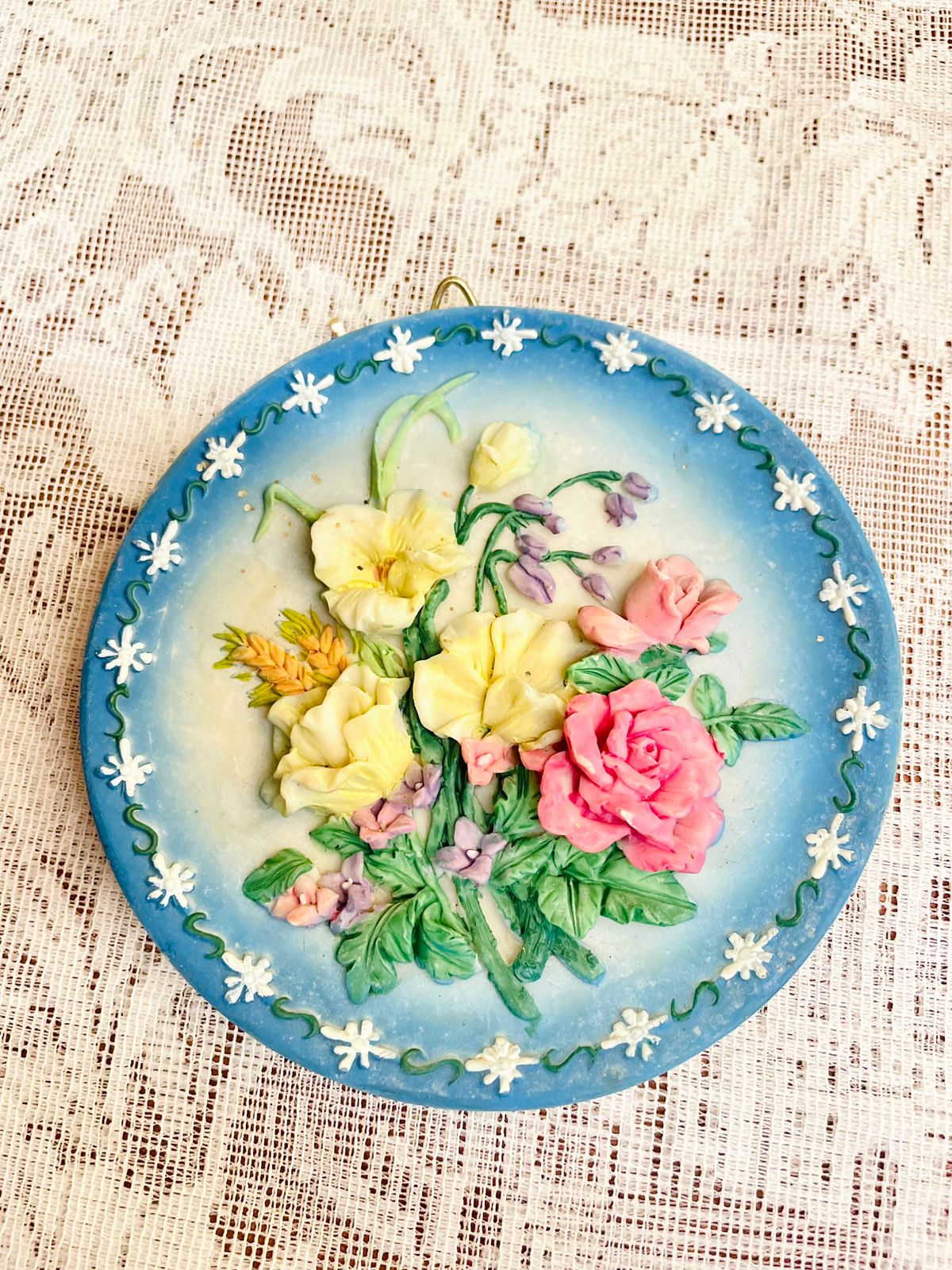 Vintage Floral Relief Wall Plate with Roses 4.5 inch
