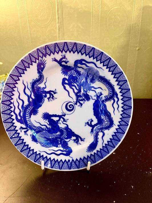 Vintage Blue & White Chinese Dragon Decorative Plate 8 Inch Oriental Ceramic Wall Plate