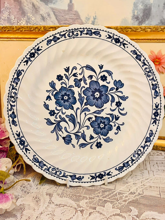 Vintage Blue Floral Large Decor Plate Scalloped Edge 9in
