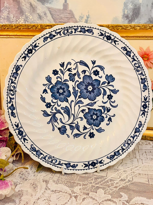 Vintage Blue Floral Large Decor Plate Scalloped Edge 9in