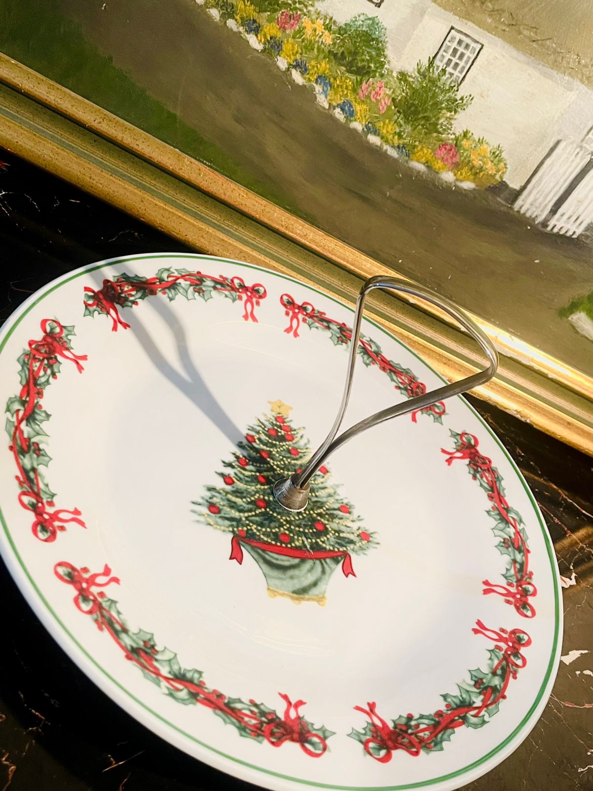 Vintage Christmas Tree Dessert single tier stand — Holiday Porcelain Plate with Handle
