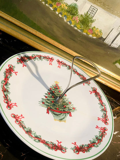 Vintage Christmas Tree Dessert single tier stand — Holiday Porcelain Plate with Handle