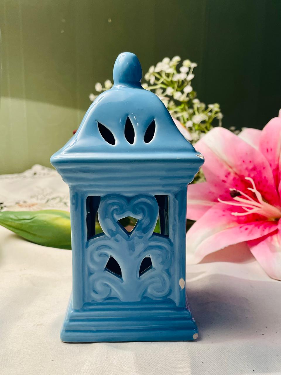 Blue Ceramic Lantern Candle Holder 15 cm Heart Cut-Out Design