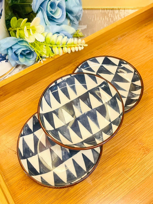 Set of 3 Small Geometric Porcelain Plates – Navy Blue Triangular Design