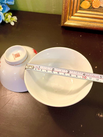Vintage Chinese Rice Bowl Pair 12 cm Red Floral Mark