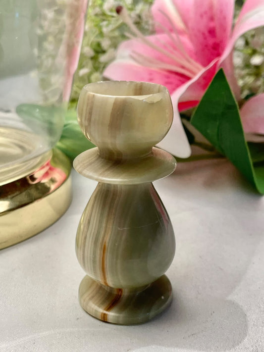 Vintage Banded Stone Pedestal Cup, Green & Cream, 3.25 in