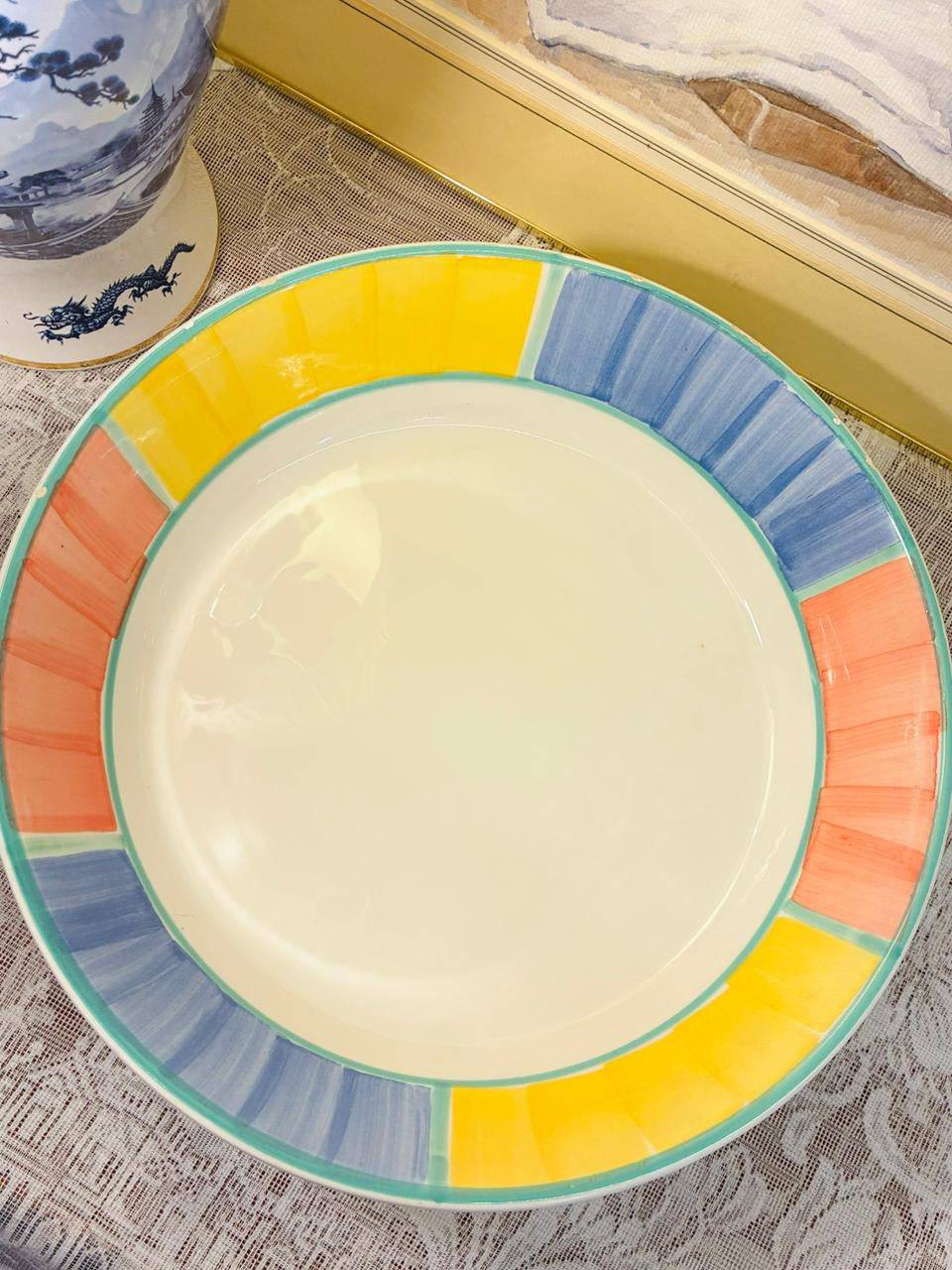 Large Colorful Rim Ceramic Serving Bowl – Oven Safe Large Deep Plater