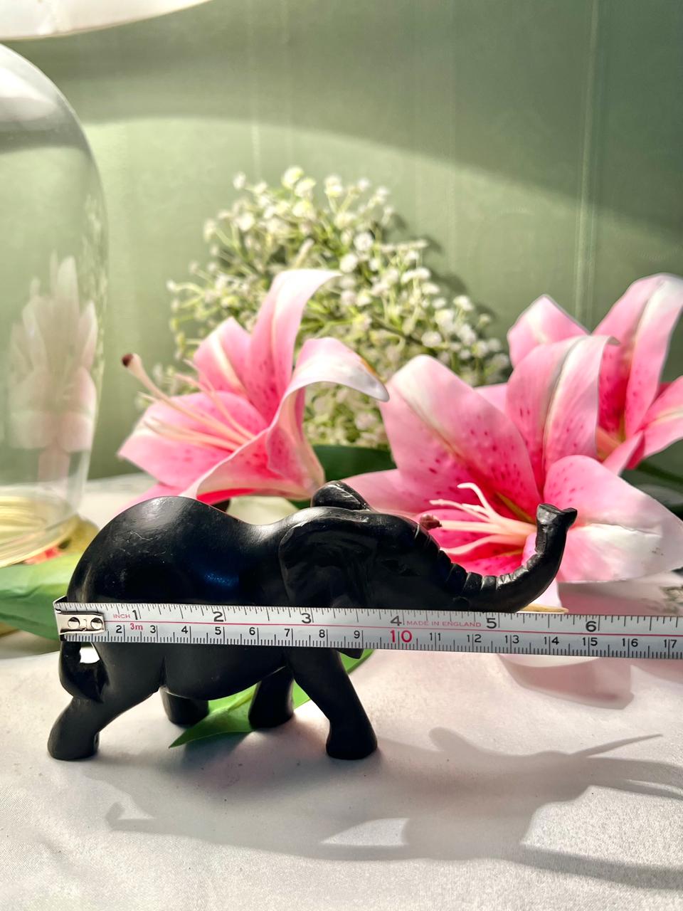 Vintage Black Elephant Figurine with Raised Trunk & Tusks – 16 cm