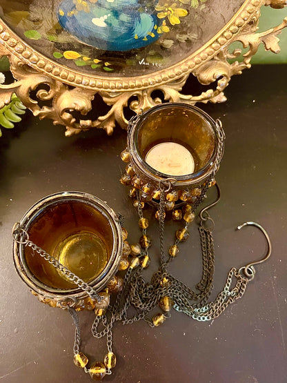 Pair of Amber Glass Hanging Tealight Candle Holders with Beaded Chains