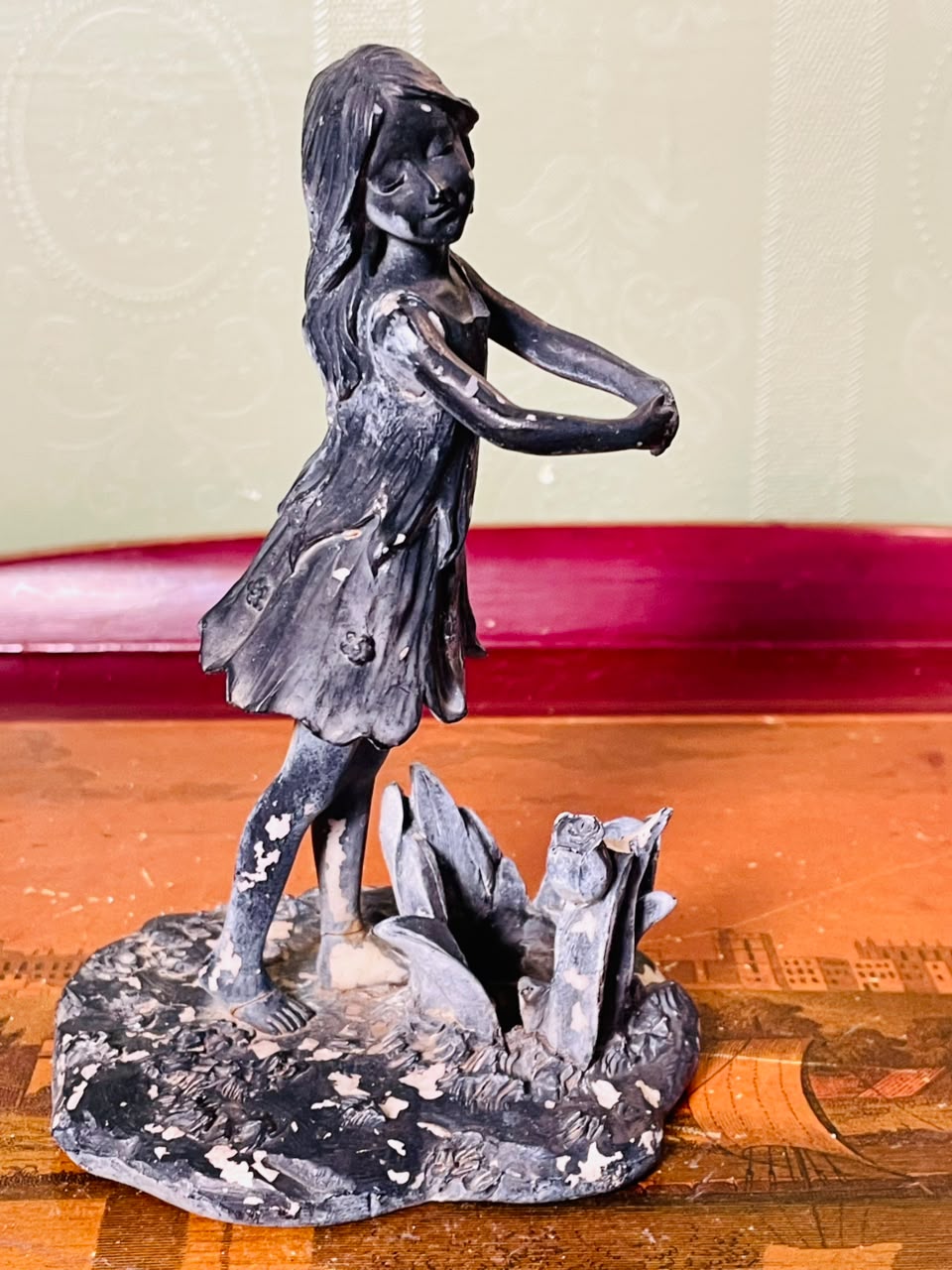 Vintage Girl by Pond Figurine Sculpture 6 Inch