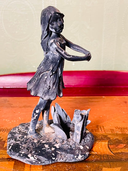 Vintage Girl by Pond Figurine Sculpture 6 Inch