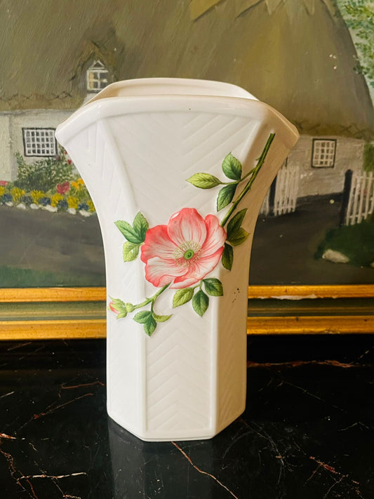Vintage English Porcelain Hexagonal Vase – Pink Rose Floral, 8 Inch
