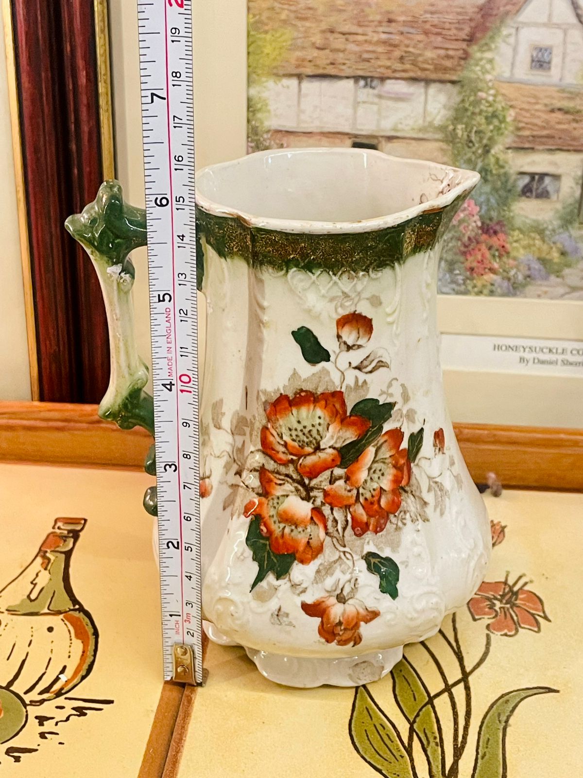 Vintage Porcelaine Royale Floral Pitcher – Embossed White & Green Jug