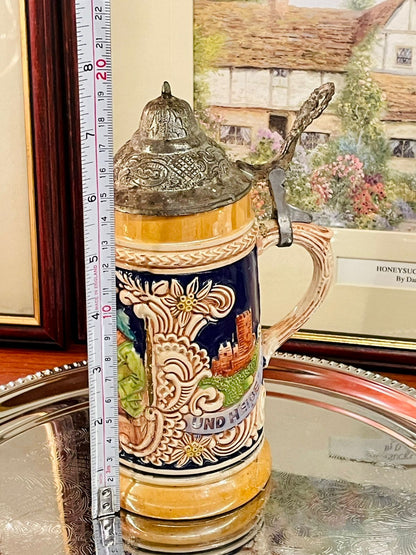 Vintage German Mug with Pewter Lid – Embossed Design