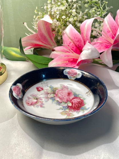 Vintage Pink Rose Floral Bowl with Navy Border Approx. 14 cm