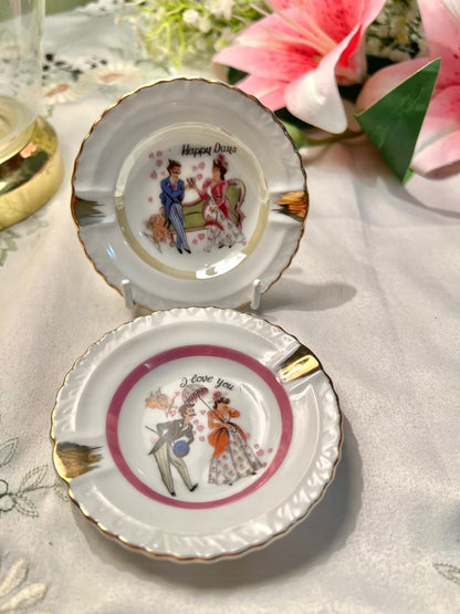Vintage Porcelain Happy Days & I Love You Dishes Set of 2 9 cm