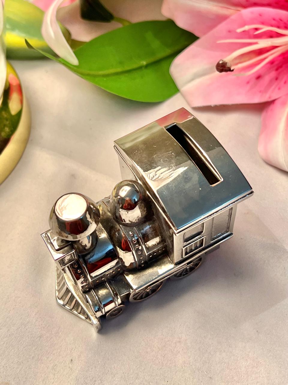 Vintage Silver-Tone Train Coin Bank Miniature Approx. 8cm
