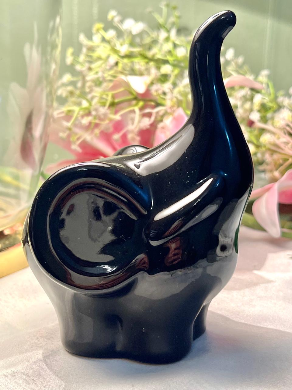 Black Elephant Figurine Glossy Ceramic Home Decor 15cm