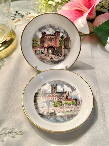 Royal Worcester Scenic Wall Plates Set of 2 Gold Trim 10 cm